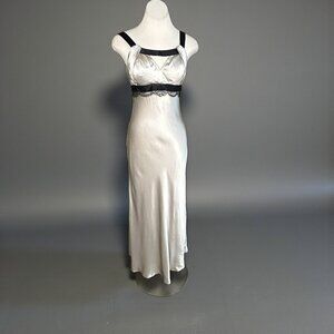 Dina Bar-El Champagne 100% Silk Satin Slip Maxi Formal Dress Black Trim